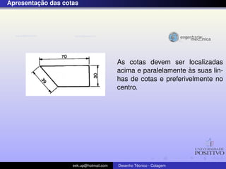 ¸˜
Apresentacao das cotas




                                         As cotas devem ser localizadas
                                                                `
                                         acima e paralelamente as suas lin-
                                         has de cotas e preferivelmente no
                                         centro.




                    eek.up@hotmail.com            ´
                                         Desenho Tecnico - Cotagem
 