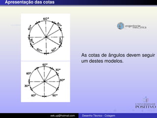 ¸˜
Apresentacao das cotas




                                                     ˆ
                                         As cotas de angulos devem seguir
                                         um destes modelos.




                    eek.up@hotmail.com            ´
                                         Desenho Tecnico - Cotagem
 