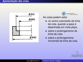 ¸˜
Apresentacao das cotas




                                         As cotas podem estar
                                               no centro submetido da linha
                                                                   ¸ ´
                                               de cota, quando a peca e
                                               desenhada em meia peca;
                                                                     ¸
                                               sobre o prolongamento da
                                               linha de cota;
                                               sobre o prolongamento
                                               horizontal da linha de cota.




                    eek.up@hotmail.com            ´
                                         Desenho Tecnico - Cotagem
 