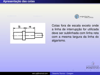 ¸˜
Apresentacao das cotas




                                         Cotas fora de escala exceto onde
                                                            ¸˜
                                         a linha de interrupcao for utilizada
                                         deve ser sublinhada com linha reta
                                         com a mesma largura da linha do
                                         algarismo.




                    eek.up@hotmail.com            ´
                                         Desenho Tecnico - Cotagem
 