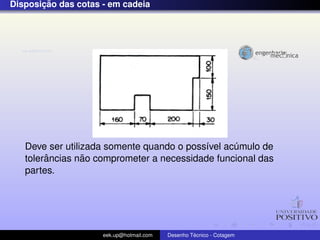 ¸˜
Disposicao das cotas - em cadeia




   Deve ser utilizada somente quando o poss´vel acumulo de
                                           ı      ´
        ˆ        ˜
   tolerancias nao comprometer a necessidade funcional das
   partes.




                     eek.up@hotmail.com            ´
                                          Desenho Tecnico - Cotagem
 