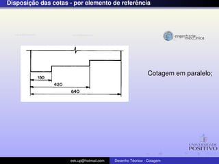 ¸˜                                   ˆ
Disposicao das cotas - por elemento de referencia




                                                            Cotagem em paralelo;




                     eek.up@hotmail.com            ´
                                          Desenho Tecnico - Cotagem
 