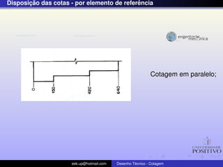 ¸˜                                   ˆ
Disposicao das cotas - por elemento de referencia




                                                            Cotagem em paralelo;




                     eek.up@hotmail.com            ´
                                          Desenho Tecnico - Cotagem
 