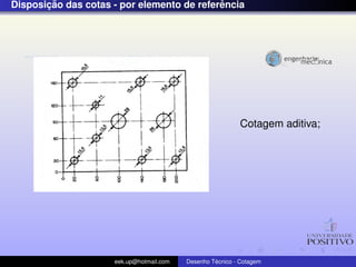 ¸˜                                   ˆ
Disposicao das cotas - por elemento de referencia




                                                            Cotagem aditiva;




                     eek.up@hotmail.com            ´
                                          Desenho Tecnico - Cotagem
 