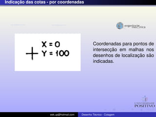 ¸˜
Indicacao das cotas - por coordenadas




                                                  Coordenadas para pontos de
                                                          ¸˜
                                                  interseccao em malhas nos
                                                                      ¸˜   ˜
                                                  desenhos de localizacao sao
                                                  indicadas.




                     eek.up@hotmail.com            ´
                                          Desenho Tecnico - Cotagem
 