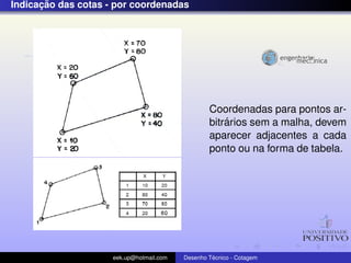 ¸˜
Indicacao das cotas - por coordenadas




                                                  Coordenadas para pontos ar-
                                                      ´
                                                  bitrarios sem a malha, devem
                                                  aparecer adjacentes a cada
                                                  ponto ou na forma de tabela.




                     eek.up@hotmail.com            ´
                                          Desenho Tecnico - Cotagem
 