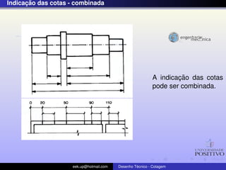 ¸˜
Indicacao das cotas - combinada




                                                                   ¸˜
                                                           A indicacao das cotas
                                                           pode ser combinada.




                    eek.up@hotmail.com            ´
                                         Desenho Tecnico - Cotagem
 