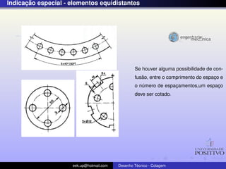 ¸˜
Indicacao especial - elementos equidistantes




                                                  Se houver alguma possibilidade de con-
                                                     ˜
                                                  fusao, entre o comprimento do espaco e
                                                                                    ¸
                                                  o numero de espacamentos,um espaco
                                                     ´            ¸               ¸
                                                  deve ser cotado.




                     eek.up@hotmail.com            ´
                                          Desenho Tecnico - Cotagem
 
