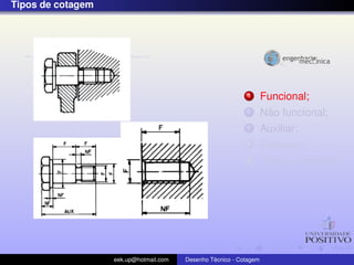 Tipos de cotagem




                                                            1       Funcional;
                                                            2        ˜
                                                                    Nao funcional;
                                                            3       Auxiliar;
                                                            4       Elemento;
                                                            5       Produto acabado;




                   eek.up@hotmail.com            ´
                                        Desenho Tecnico - Cotagem
 