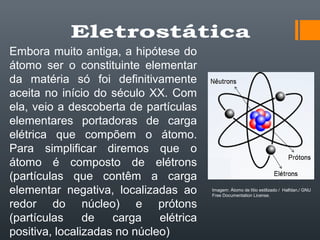 Embora muito antiga, a hipótese do
átomo ser o constituinte elementar
da matéria só foi definitivamente
aceita no início do século XX. Com
ela, veio a descoberta de partículas
elementares portadoras de carga
elétrica que compõem o átomo.
Para simplificar diremos que o
átomo é composto de elétrons
(partículas que contêm a carga
elementar negativa, localizadas ao
redor do núcleo) e prótons
(partículas de carga elétrica
positiva, localizadas no núcleo)
Imagem: Átomo de lítio estilizado / Halfdan./ GNU
Free Documentation License.
 