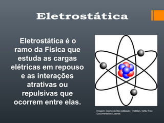 Eletrostática é o
ramo da Física que
estuda as cargas
elétricas em repouso
e as interações
atrativas ou
repulsivas que
ocorrem entre elas.
Imagem: Átomo de lítio estilizado / Halfdan./ GNU Free
Documentation License.
 