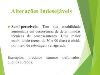 Alterações Indesejáveis
 Semi-perecíveis: Tem sua estabilidade
aumentada em decorrência de determinadas
técnicas de processamento. Uma maior
estabilidade (cerca de 30 a 90 dias) é obtida
por meio de estocagem refrigerada.
Exemplos: produtos cárneos defumados,
queijos curados.
 