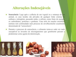 Alterações Indesejáveis
 Senescência: Logo após a colheita de um vegetal ou a matança de um
animal, os seus tecidos são privados de qualquer fonte externa de
carbono e nitrogênio, passando então, a utilizar, como fonte de energia,
os carboidratos, proteínas e gorduras. Uma série de reações enzímicas
normais tem continuidade num processo de envelhecimento usualmente
denominado de “senescência”.
 Durante o processo de senescência, o alimento torna-se cada vez mais
susceptível às invasões de microrganismos que geralmente passam a
predominar como agente de deterioração.
 