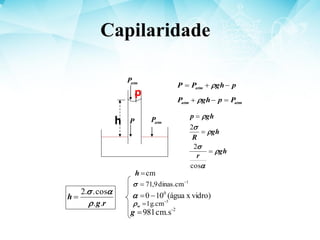 Capilaridade
atm
P
atm
P
p
gh
P
P atm −
+
= 
P
atm
atm P
p
gh
P =
−
+ 
gh
r
gh
R
gh
p

a




=
=
=
cos
2
2
r
g
h
.
.
cos
.
.
2

a

=
h
p
1
dinas.cm
9
,
71 −
=

vidro)
x
(água
10
0 0
−
=
a
3
g.cm
1 −
=
w

-2
cm.s
981
=
g
cm
=
h
 