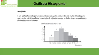 Gráficos: Histograma
Histograma
É um gráfico formado por um conjunto de retângulos justapostos e é muito utilizado para
representar a distribuição de frequências. É utilizado quando os dados foram agrupados em
classes de mesmo intervalo
 