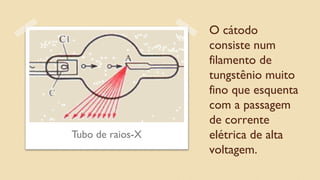 O cátodo
consiste num
filamento de
tungstênio muito
fino que esquenta
com a passagem
de corrente
elétrica de alta
voltagem.
Tubo de raios-X
 