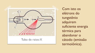 Com isto os
elétrons do
tungstênio
adquirem
suficiente energia
térmica para
abandonar o
cátodo (emissão
termoiônica).
Tubo de raios-X
 