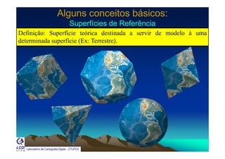 Alguns conceitos básicos:Alguns conceitos básicos:
Superfícies de ReferênciaSuperfícies de ReferênciaSuperfícies de ReferênciaSuperfícies de Referência
Definição: Superfície teórica destinada a servir de modelo à uma
determinada superfície (Ex: Terrestre).p ( )
Laboratório de Cartografia Digital - CTUFES
 