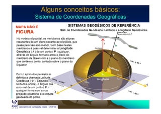 Alguns conceitos básicos:Alguns conceitos básicos:
Sistema de Coordenadas GeográficasSistema de Coordenadas GeográficasSistema de Coordenadas GeográficasSistema de Coordenadas Geográficas
Laboratório de Cartografia Digital - CTUFES
 