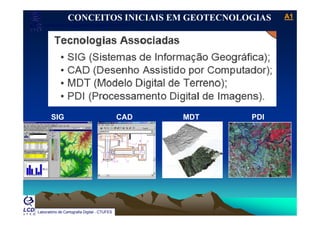 A1A1
Laboratório de Topografia e Cartografia - CTUFES
CONCEITOS INICIAIS EM GEOTECNOLOGIAS
SIG CAD MDT PDI
Laboratório de Cartografia Digital - CTUFES
 