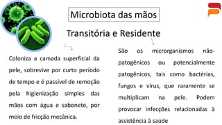 Transitória e Residente
Microbiota das mãos
Coloniza a camada superficial da
pele, sobrevive por curto período
de tempo e é passível de remoção
pela higienização simples das
mãos com água e sabonete, por
meio de fricção mecânica.
São os microrganismos não-
patogênicos ou potencialmente
patogênicos, tais como bactérias,
fungos e vírus, que raramente se
multiplicam na pele. Podem
provocar infecções relacionadas à
assistência à saúde
 