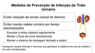 Medidas de Prevenção de Infecção do Trato
Urinário
Evitar inserção de sonda vesical de demora
Evitar manter cateter urinário por tempo
desnecessário
Assegurar equipe treinada e recursos que garantam a vigilância do uso do cateter e
de suas complicações
Esvaziar a bolsa coletora regularmente
Manter o fluxo de urina desobstruído
Manter o sistema de drenagem fechado e estéril
 