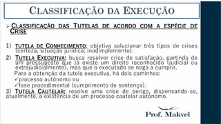 CLASSIFICAÇÃO DA EXECUÇÃO
➢ CLASSIFICAÇÃO DAS TUTELAS DE ACORDO COM A ESPÉCIE DE
CRISE
1) TUTELA DE CONHECIMENTO: objetiva solucionar três tipos de crises
(certeza; situação jurídica; inadimplemento).
2) TUTELA EXECUTIVA: busca resolver crise de satisfação, partindo de
um pressuposto que já existe um direito reconhecido (judicial ou
extrajudicialmente), mas que o executado se nega a cumprir.
Para a obtenção da tutela executiva, há dois caminhos:
✓processo autônomo ou
✓fase procedimental (cumprimento de sentença).
3) TUTELA CAUTELAR: resolve uma crise de perigo, dispensando-se,
atualmente, a existência de um processo cautelar autônomo.
 