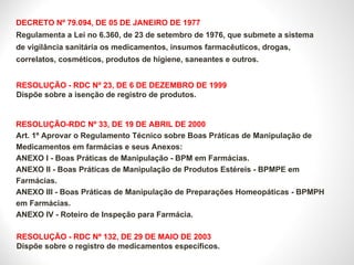 DECRETO Nº 79.094, DE 05 DE JANEIRO DE 1977 Regulamenta a Lei no 6.360, de 23 de setembro de 1976, que submete a sistema de vigilância sanitária os medicamentos, insumos farmacêuticos, drogas, correlatos, cosméticos, produtos de higiene, saneantes e outros. RESOLUÇÃO - RDC Nº 23, DE 6 DE DEZEMBRO DE 1999 Dispõe sobre a isenção de registro de produtos. RESOLUÇÃO-RDC Nº 33, DE 19 DE ABRIL DE 2000 Art. 1º Aprovar o Regulamento Técnico sobre Boas Práticas de Manipulação de Medicamentos em farmácias e seus Anexos:  ANEXO I - Boas Práticas de Manipulação - BPM em Farmácias.  ANEXO II - Boas Práticas de Manipulação de Produtos Estéreis - BPMPE em Farmácias.  ANEXO III - Boas Práticas de Manipulação de Preparações Homeopáticas - BPMPH em Farmácias.  ANEXO IV - Roteiro de Inspeção para Farmácia.  RESOLUÇÃO - RDC Nº 132, DE 29 DE MAIO DE 2003 Dispõe sobre o registro de medicamentos específicos. 