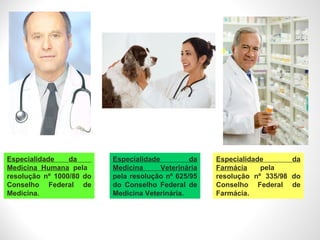 Especialidade da  Medicina Humana  pela  resolução nº 1000/80 do Conselho Federal de Medicina. Especialidade da Medicina Veterinária  pela resolução nº 625/95 do Conselho Federal de Medicina Veterinária. Especialidade da Farmácia  pela  resolução nº 335/98 do Conselho Federal de Farmácia. 
