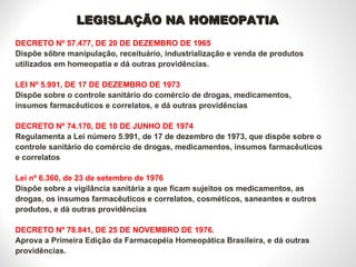 DECRETO Nº 57.477, DE 20 DE DEZEMBRO DE 1965 Dispõe sôbre manipulação, receituário, industrialização e venda de produtos utilizados em homeopatia e dá outras providências. LEI Nº 5.991, DE 17 DE DEZEMBRO DE 1973 Dispõe sobre o controle sanitário do comércio de drogas, medicamentos, insumos farmacêuticos e correlatos, e dá outras providências DECRETO Nº 74.170, DE 10 DE JUNHO DE 1974 Regulamenta a Lei número 5.991, de 17 de dezembro de 1973, que dispõe sobre o controle sanitário do comércio de drogas, medicamentos, insumos farmacêuticos e correlatos Lei nº 6.360, de 23 de setembro de 1976 Dispõe sobre a vigilância sanitária a que ficam sujeitos os medicamentos, as drogas, os insumos farmacêuticos e correlatos, cosméticos, saneantes e outros produtos, e dá outras providências DECRETO Nº 78.841, DE 25 DE NOVEMBRO DE 1976. Aprova a Primeira Edição da Farmacopéia Homeopática Brasileira, e dá outras providências. LEGISLAÇÃO NA HOMEOPATIA 