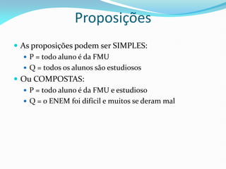  As proposições podem ser SIMPLES:
 P = todo aluno é da FMU
 Q = todos os alunos são estudiosos
 Ou COMPOSTAS:
 P = todo aluno é da FMU e estudioso
 Q = o ENEM foi difícil e muitos se deram mal
Proposições
 