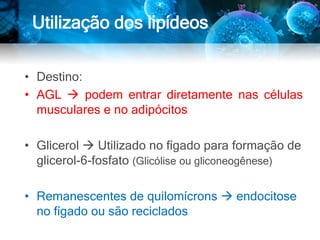 • Destino:
• AGL  podem entrar diretamente nas células
musculares e no adipócitos
• Glicerol  Utilizado no fígado para formação de
glicerol-6-fosfato (Glicólise ou gliconeogênese)
• Remanescentes de quilomícrons  endocitose
no fígado ou são reciclados
Utilização dos lipídeos
 