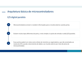Arquitetura básica de microcontroladores
E/S digital paralela
Existem muitos tipos diferentes de porta, a mais simples é a porta de entrada e saída (E/S) paralela.
Essas portas podem ser vistas como células de memória ou registradores, que são conectados ao
núcleo da CPU usando o barramento de dados e ao mundo externo por meio de pinos do
microcontrolador.
Microcontroladores enviam e recebem informações para o mundo exterior usando portas.
 