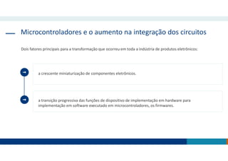Microcontroladores e o aumento na integração dos circuitos
Dois fatores principais para a transformação que ocorreu em toda a indústria de produtos eletrônicos:
a crescente miniaturização de componentes eletrônicos.
a transição progressiva das funções de dispositivo de implementação em hardware para
implementação em software executado em microcontroladores, os firmwares.
 