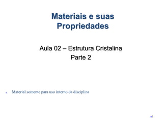 ◼1
Materiais e suas
Propriedades
Aula 02 – Estrutura Cristalina
Parte 2
a. Material somente para uso interno da disciplina
 