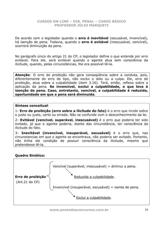 CURSOS ON-LINE – DIR. PENAL – CURSO BÁSICO
                     PROFESSOR JÚLIO MARQUETI


De acordo com o legislador quando o erro é inevitável (escusável, invencível),
há isenção de pena. Todavia, quando o erro é evitável (inescusável, vencível),
ocorrerá diminuição da pena.


No parágrafo único do artigo 21 do CP, o legislador define o que entende por erro
evitável. Para ele, será evitável quando o agente atua sem consciência da
ilicitude, quando, pelas circunstâncias, lhe era possível tê-la.


Atenção: O erro de proibição não gera conseqüência sobre a conduta, pois,
diferentemente do erro de tipo, não exclui o dolo ou a culpa. Ele, erro de
proibição, atua sobre a culpabilidade (item 3.16). Terá, então, reflexo sobre a
aplicação da pena. Se invencível, exclui a culpabilidade, o que leva à
isenção de pena. Caso, entretanto, vencível, a culpabilidade é reduzida,
oportunidade em que a pena será diminuída.


Síntese conceitual:
1- Erro de proibição (erro sobre a ilicitude do fato) é o erro que incide sobre
o justo ou justo, certo ou errado. Não se confunde com o desconhecimento da lei.
2- Evitável (vencível, superável, inescusável) é o erro que poderia ter sido
evitado, já que o agente poderia, diante das circunstância, ter consciência da
ilicitude do fato.
3- Inevitável (invencível, insuperável, escusável) é o erro que, nas
circunstancias em que o agente se encontrava, não poderia ser evitado. Portanto,
não tinha ele condição de possuir consciência da ilicitude, mesmo que
pretendesse tê-la.


Quadro Sinótico:


                       Vencível (superável, inescusável) = diminui a pena.


Erro de proibição                  Reduzida a culpabilidade.
(Art.21 do CP)
                       Invencível (insuperável, escusável) = isenta de pena.


                                     Exclui a culpabilidade.


                      www.pontodosconcursos.com.br                             18
 
