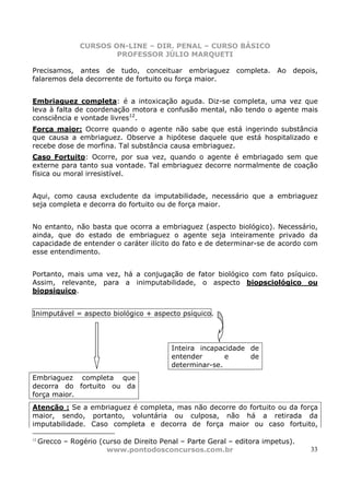 CURSOS ON-LINE – DIR. PENAL – CURSO BÁSICO
                         PROFESSOR JÚLIO MARQUETI

Precisamos, antes de tudo, conceituar embriaguez              completa.   Ao   depois,
falaremos dela decorrente de fortuito ou força maior.


Embriaguez completa: é a intoxicação aguda. Diz-se completa, uma vez que
leva à falta de coordenação motora e confusão mental, não tendo o agente mais
consciência e vontade livres12.
Força maior: Ocorre quando o agente não sabe que está ingerindo substância
que causa a embriaguez. Observe a hipótese daquele que está hospitalizado e
recebe dose de morfina. Tal substância causa embriaguez.
Caso Fortuito: Ocorre, por sua vez, quando o agente é embriagado sem que
externe para tanto sua vontade. Tal embriaguez decorre normalmente de coação
física ou moral irresistível.


Aqui, como causa excludente da imputabilidade, necessário que a embriaguez
seja completa e decorra do fortuito ou de força maior.


No entanto, não basta que ocorra a embriaguez (aspecto biológico). Necessário,
ainda, que do estado de embriaguez o agente seja inteiramente privado da
capacidade de entender o caráter ilícito do fato e de determinar-se de acordo com
esse entendimento.


Portanto, mais uma vez, há a conjugação de fator biológico com fato psíquico.
Assim, relevante, para a inimputabilidade, o aspecto biopsciológico ou
biopsiquico.


Inimputável = aspecto biológico + aspecto psíquico.




                                           Inteira incapacidade de
                                           entender       e     de
                                           determinar-se.
Embriaguez completa que
decorra do fortuito ou da
força maior.
Atenção : Se a embriaguez é completa, mas não decorre do fortuito ou da força
maior, sendo, portanto, voluntária ou culposa, não há a retirada da
imputabilidade. Caso completa e decorra de força maior ou caso fortuito,

12
     Grecco – Rogério (curso de Direito Penal – Parte Geral – editora impetus).
                        www.pontodosconcursos.com.br                                33
 