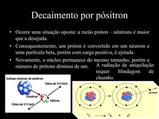Decaimento por pósitron
• Ocorre uma situação oposta: a razão próton – nêutrons é maior
que a desejada.
• Consequentemente, um próton é convertido em um nêutron e
uma partícula beta, porém com carga positiva, é ejetada.
• Novamente, o núcleo permanece do mesmo tamanho, porém o
número de prótons diminui de um. A radiação de aniquilação
requer
blindagem
de
chumbo.

 