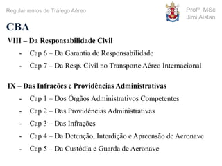Profº MSc
Jimi Aislan
CBA
Regulamentos de Tráfego Aéreo
VIII – Da Responsabilidade Civil
- Cap 6 – Da Garantia de Responsabilidade
- Cap 7 – Da Resp. Civil no Transporte Aéreo Internacional
IX – Das Infrações e Providências Administrativas
- Cap 1 – Dos Órgãos Administrativos Competentes
- Cap 2 – Das Providências Administrativas
- Cap 3 – Das Infrações
- Cap 4 – Da Detenção, Interdição e Apreensão de Aeronave
- Cap 5 – Da Custódia e Guarda de Aeronave
 
