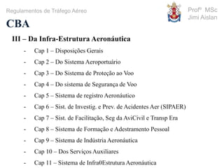 Profº MSc
Jimi Aislan
CBA
Regulamentos de Tráfego Aéreo
III – Da Infra-Estrutura Aeronáutica
- Cap 1 – Disposições Gerais
- Cap 2 – Do Sistema Aeroportuário
- Cap 3 – Do Sistema de Proteção ao Voo
- Cap 4 – Do sistema de Segurança de Voo
- Cap 5 – Sistema de registro Aeronáutico
- Cap 6 – Sist. de Investig. e Prev. de Acidentes Aer (SIPAER)
- Cap 7 – Sist. de Facilitação, Seg da AviCivil e Transp Era
- Cap 8 – Sistema de Formação e Adestramento Pessoal
- Cap 9 – Sistema de Indústria Aeronáutica
- Cap 10 – Dos Serviços Auxiliares
- Cap 11 – Sistema de Infra0Estrutura Aeronáutica
 