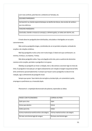 O texto deve ter parágrafos bem distribuídos, articulados e interligados um ao outro
coerentemente.
Não construa parágrafos longos, constituídos de um só período composto, recheado de
orações e de relações sintáticas.
Não faça parágrafos muito curtos nem muito longos. O ideal seria que contivessem, no
mínimo, 4 linhas e, no máximo, 7 linhas.
Não deixe parágrafos soltos. Faça uma ligação entre eles, pois a ausência de elementos
coesivos entre orações, períodos e parágrafos é erro grave.
Obedeça ao parágrafo ao iniciar a redação, isto é, não comece a escrever logo no início da
linha. O parágrafo é marcado por um ligeiro afastamento com relação à margem esquerda da folha
(três centímetros aproximadamente). E sempre que houver outros parágrafos no decorrer da
redação, siga o alinhamento do parágrafo inicial.
Sempre que quiser fazer dentro da narração ou da descrição, um comentário à parte,
empregue os parênteses ou o travessão duplo.
.
Pleonasmo é a repetição desnecessária de palavras, expressões ou idéias.
55
com mais conforto, pelo fato de o ambiente ser fechado, etc.
SEGUNDO PARÁGRAFO
Carnaval de rua, dando especial destaque ao desfile dos blocos, das escolas de samba e
aos trios elétricos.
TERCEIRO PARÁGRAFO
Conclusão, citando a ressaca (o cansaço), o dinheiro gasto, as noites sem dormir, etc.
FRASES COM PLEONASMOS CORRIJA-AS PARA
Subir para cima Subir
Entrar para dentro Entrar
Voltar para trás Voltar
A brisa matinal da manhã enchia-o de alegria. A brisa matinal enchia-o de alegria.
Ele teve uma hemorragia de sangue. Ele teve uma hemorragia.
 