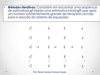 nnnn xxxx
xxxx
xxxx
xxxx
xxxx
210
4
2
4
1
4
0
4
3
2
3
1
3
0
3
2
2
2
1
2
0
2
1
2
1
1
1
0
1


• Métodos Iterativos: Consistem em encontrar uma seqüência
de estimativas xi
k (dada uma estimativa inicial xi
0) que após
um número suficientemente grande de iterações convirja
para a solução do sistema de equações.
Prof. Renan Gustavo Pacheco Soares
 