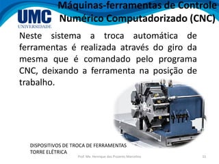 Prof. Me. Henrique dos Prazeres Marcelino 11
Máquinas-ferramentas de Controle
Numérico Computadorizado (CNC)
Neste sistema a troca automática de
ferramentas é realizada através do giro da
mesma que é comandado pelo programa
CNC, deixando a ferramenta na posição de
trabalho.
DISPOSITIVOS DE TROCA DE FERRAMENTAS
TORRE ELÉTRICA
 