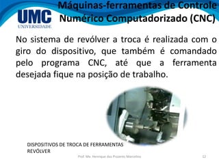 Prof. Me. Henrique dos Prazeres Marcelino 12
No sistema de revólver a troca é realizada com o
giro do dispositivo, que também é comandado
pelo programa CNC, até que a ferramenta
desejada fique na posição de trabalho.
Máquinas-ferramentas de Controle
Numérico Computadorizado (CNC)
DISPOSITIVOS DE TROCA DE FERRAMENTAS
REVÓLVER
 