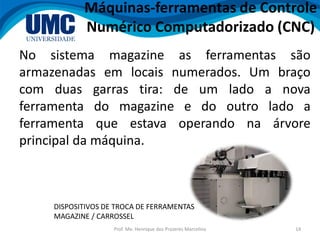 Prof. Me. Henrique dos Prazeres Marcelino 14
No sistema magazine as ferramentas são
armazenadas em locais numerados. Um braço
com duas garras tira: de um lado a nova
ferramenta do magazine e do outro lado a
ferramenta que estava operando na árvore
principal da máquina.
Máquinas-ferramentas de Controle
Numérico Computadorizado (CNC)
DISPOSITIVOS DE TROCA DE FERRAMENTAS
MAGAZINE / CARROSSEL
 
