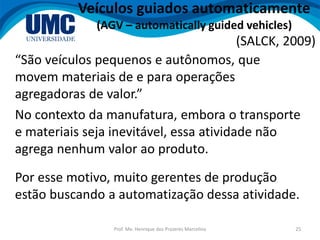Prof. Me. Henrique dos Prazeres Marcelino 25
Veículos guiados automaticamente
(AGV – automatically guided vehicles)
“São veículos pequenos e autônomos, que
movem materiais de e para operações
agregadoras de valor.”
(SALCK, 2009)
No contexto da manufatura, embora o transporte
e materiais seja inevitável, essa atividade não
agrega nenhum valor ao produto.
Por esse motivo, muito gerentes de produção
estão buscando a automatização dessa atividade.
 