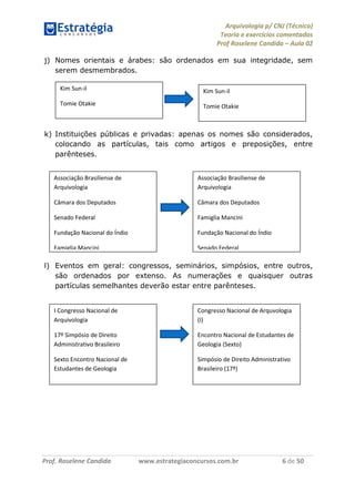 Arquivologia p/ CNJ (Técnico) 
Teoria e exercícios comentados 
Prof Roselene Candida – Aula 02 
Prof. Roselene Candida www.estrategiaconcursos.com.br 6 de 50 
j) Nomes orientais e árabes: são ordenados em sua integridade, sem serem desmembrados. 
k) Instituições públicas e privadas: apenas os nomes são considerados, colocando as partículas, tais como artigos e preposições, entre parênteses. 
l) Eventos em geral: congressos, seminários, simpósios, entre outros, são ordenados por extenso. As numerações e quaisquer outras partículas semelhantes deverão estar entre parênteses. 
Kim Sun-il 
Tomie Otakie 
Kim Sun-il 
Tomie Otakie 
Associação Brasiliense de Arquivologia 
Câmara dos Deputados 
Senado Federal 
Fundação Nacional do Índio 
Famiglia Mancini 
Associação Brasiliense de Arquivologia 
Câmara dos Deputados 
Famiglia Mancini 
Fundação Nacional do Índio 
Senado Federal 
I Congresso Nacional de Arquivologia 
17º Simpósio de Direito Administrativo Brasileiro 
Sexto Encontro Nacional de Estudantes de Geologia 
Congresso Nacional de Arquvologia (I) 
Encontro Nacional de Estudantes de Geologia (Sexto) 
Simpósio de Direito Administrativo Brasileiro (17º) 
 