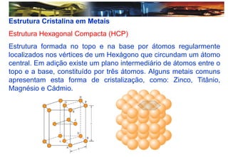 Estrutura Cristalina em Metais
Estrutura Hexagonal Compacta (HCP)
Estrutura formada no topo e na base por átomos regularmente
localizados nos vértices de um Hexágono que circundam um átomo
central. Em adição existe um plano intermediário de átomos entre o
topo e a base, constituído por três átomos. Alguns metais comuns
apresentam esta forma de cristalização, como: Zinco, Titânio,
Magnésio e Cádmio.
 