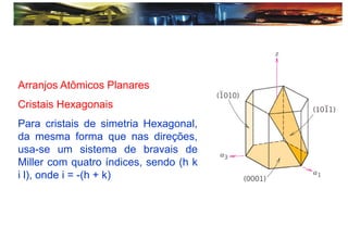 Arranjos Atômicos Planares
Cristais Hexagonais
Para cristais de simetria Hexagonal,
da mesma forma que nas direções,
usa-se um sistema de bravais de
Miller com quatro índices, sendo (h k
i l), onde i = -(h + k)
 