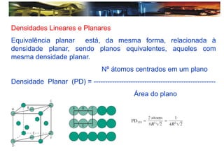 Densidades Lineares e Planares
Equivalência planar está, da mesma forma, relacionada à
densidade planar, sendo planos equivalentes, aqueles com
mesma densidade planar.
Nº átomos centrados em um plano
Densidade Planar (PD) = -----------------------------------------------------
Área do plano
 